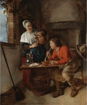 Gabriel Metsu - Young Woman Pouring Beer And A Young Man Smoking In An Interior